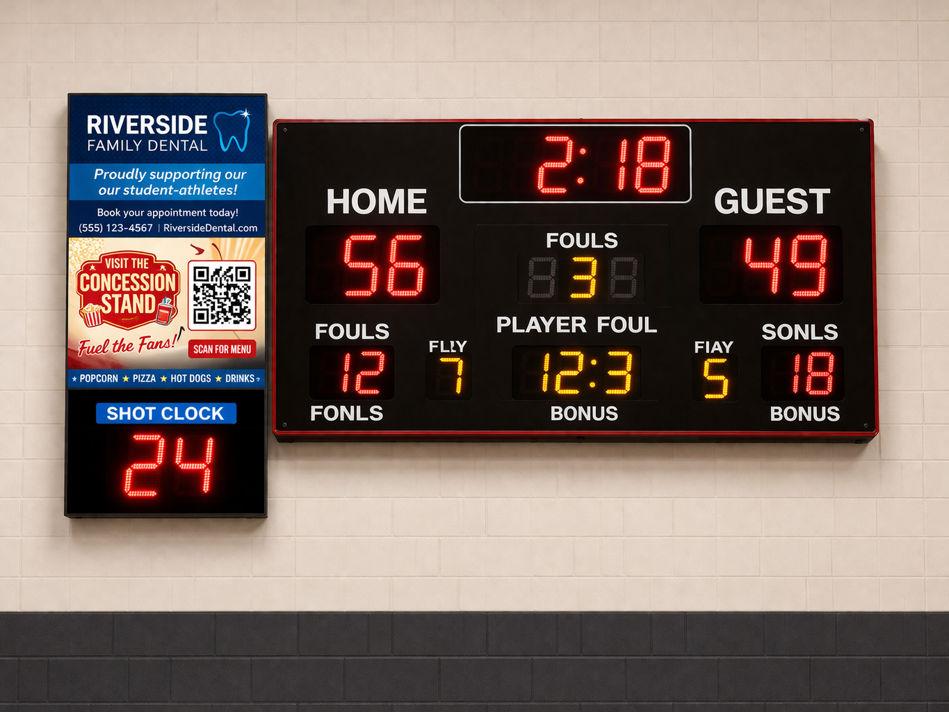 School gym scoreboard and sponsor display